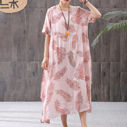 Cotton Linen Print Round Neck Dress