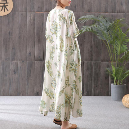 Cotton Linen Print Round Neck Dress
