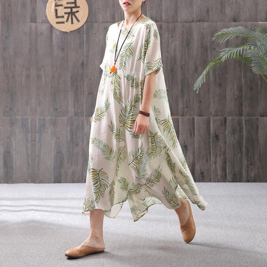 Cotton Linen Print Round Neck Dress