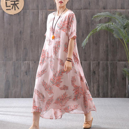 Cotton Linen Print Round Neck Dress