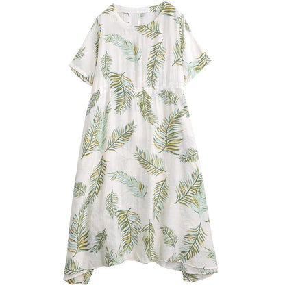 Cotton Linen Print Round Neck Dress