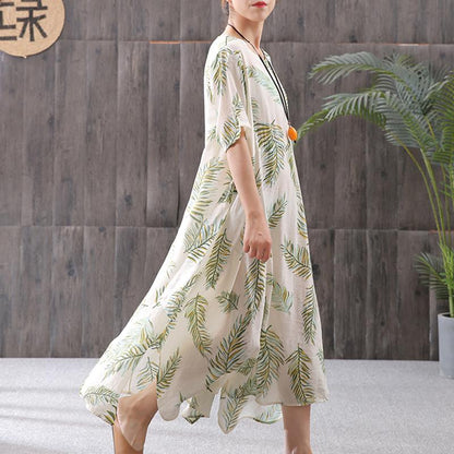 Cotton Linen Print Round Neck Dress