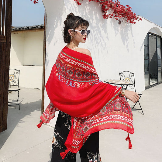Soft Comfortable Print Twill Tassel Scarf