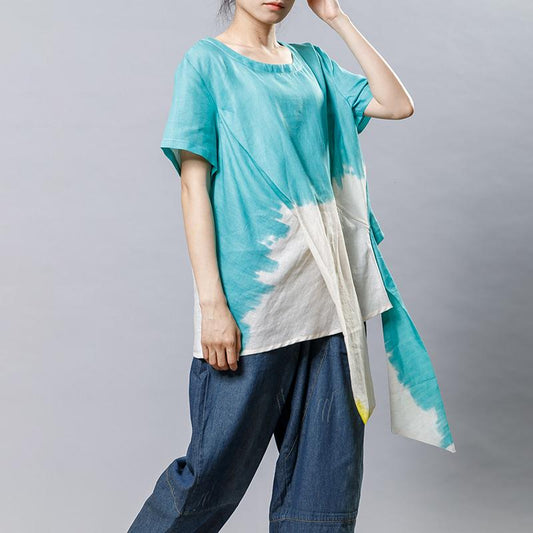 Cotton Linen Short Sleeve Irregular Blouse