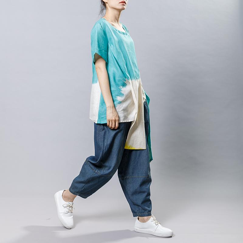 Cotton Linen Short Sleeve Irregular Blouse