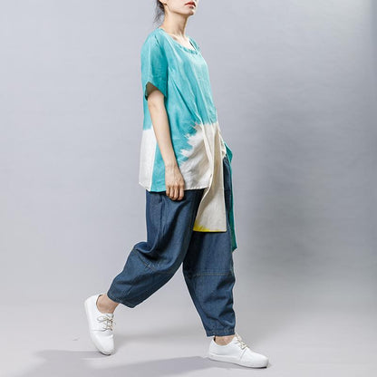 Cotton Linen Short Sleeve Irregular Blouse