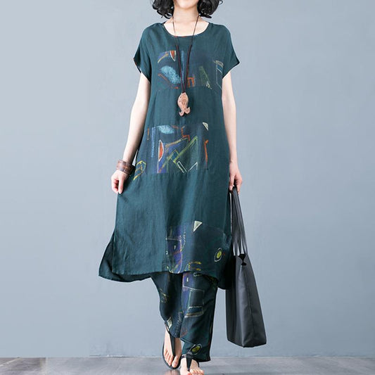 Cotton Linen Spliced Blouse And Harem Pants