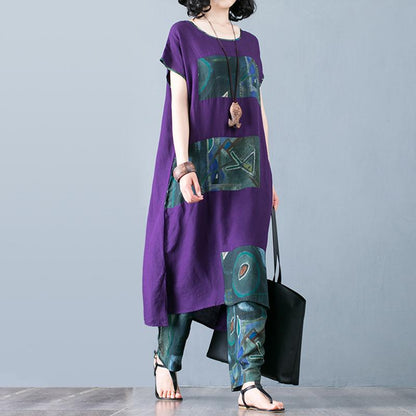Cotton Linen Spliced Blouse And Harem Pants