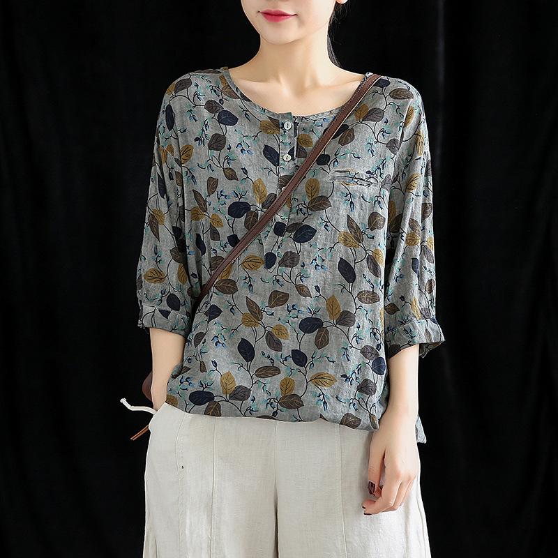 Cotton Linen Vintage Short Sleeve Blouse