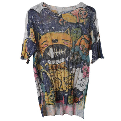 Cotton Literary Print Hollow Out Half Sleeve Knitted Sweater