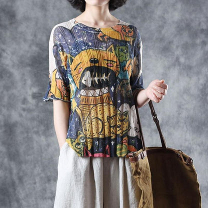 Cotton Literary Print Hollow Out Half Sleeve Knitted Sweater