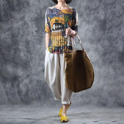 Cotton Literary Print Hollow Out Half Sleeve Knitted Sweater