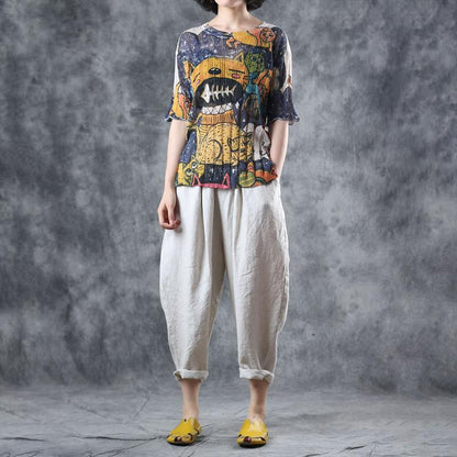 Cotton Literary Print Hollow Out Half Sleeve Knitted Sweater