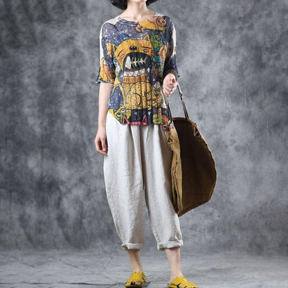 Cotton Literary Print Hollow Out Half Sleeve Knitted Sweater