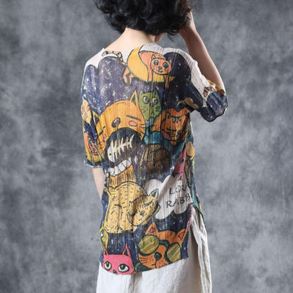 Cotton Literary Print Hollow Out Half Sleeve Knitted Sweater
