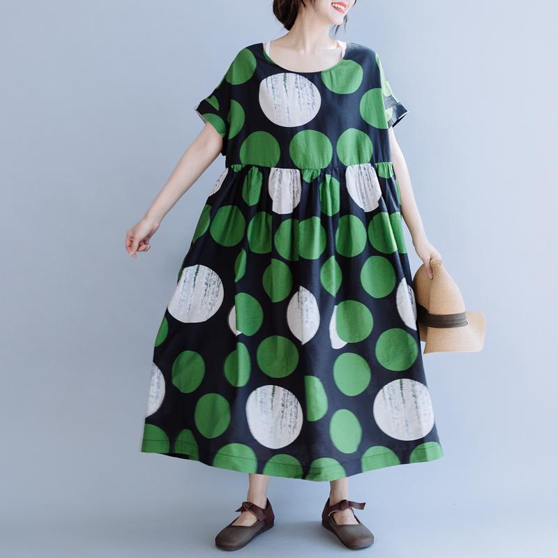 Cotton Print Dot Round Neck A-Line Dress
