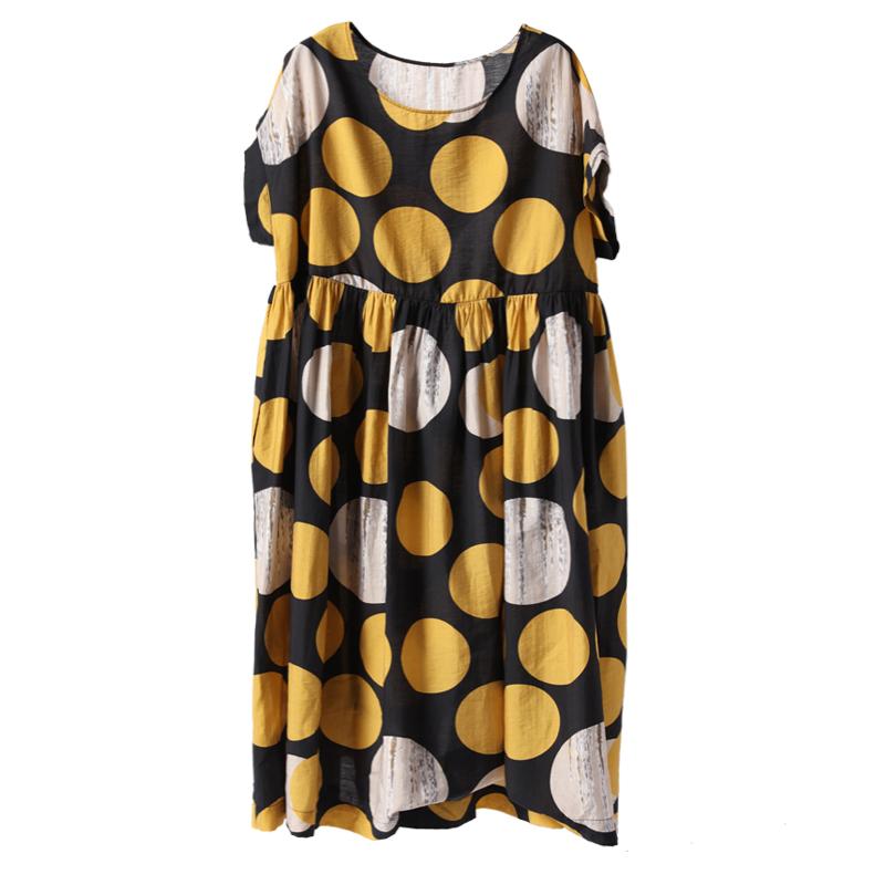 Cotton Print Dot Round Neck A-Line Dress