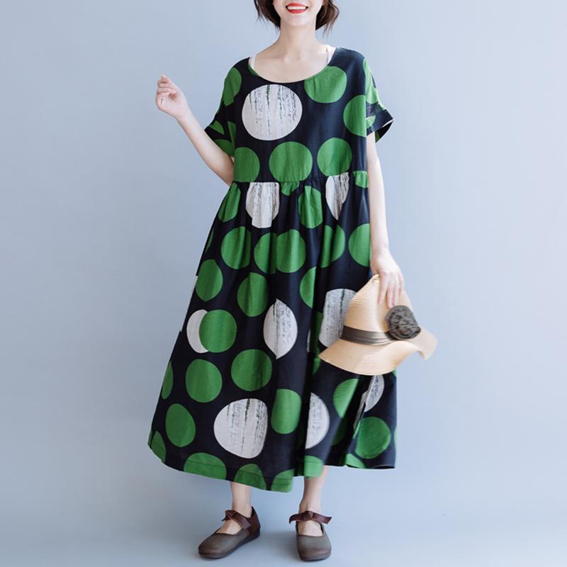 Cotton Print Dot Round Neck A-Line Dress