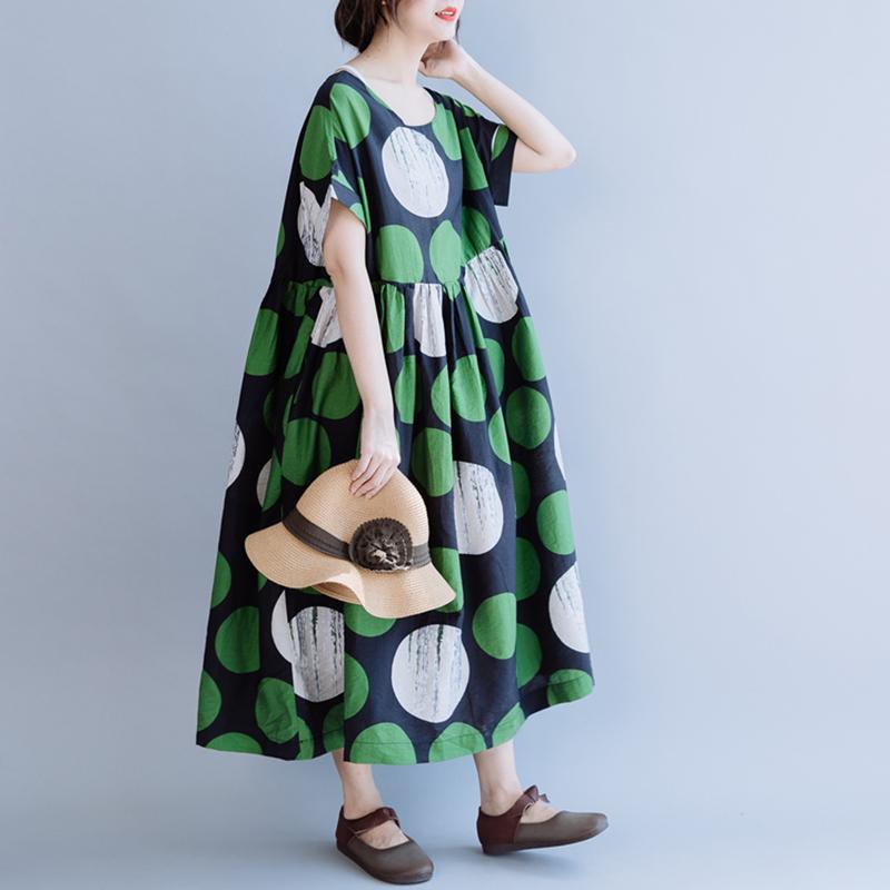 Cotton Print Dot Round Neck A-Line Dress