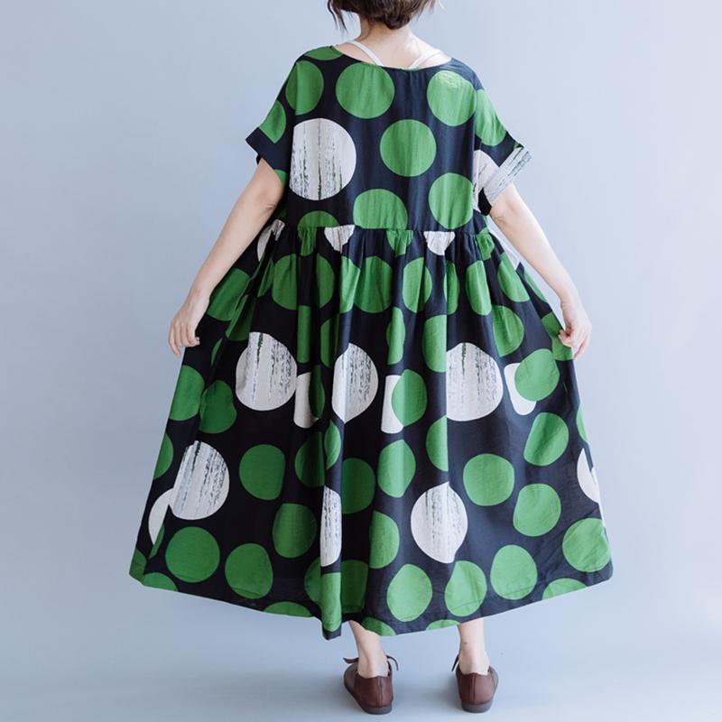 Cotton Print Dot Round Neck A-Line Dress