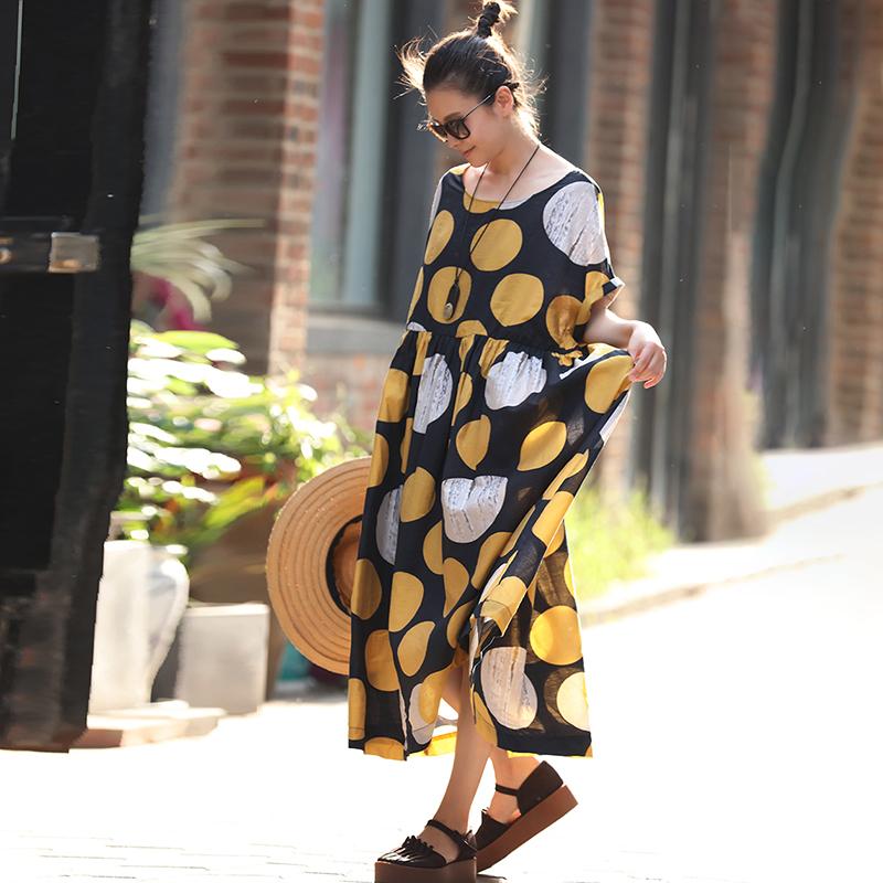 Cotton Print Dot Round Neck A-Line Dress