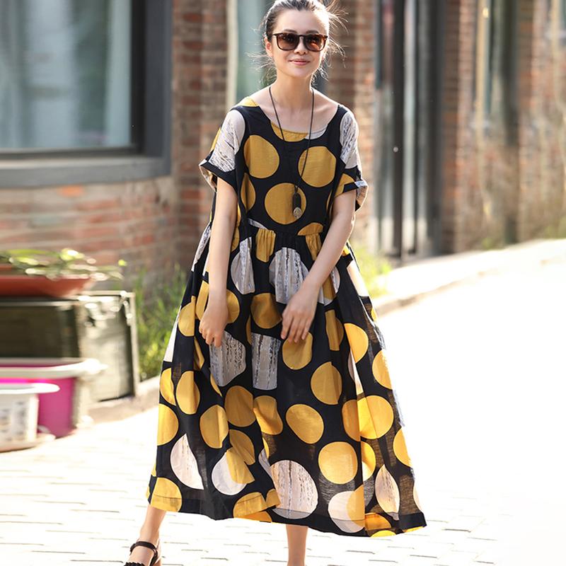 Cotton Print Dot Round Neck A-Line Dress