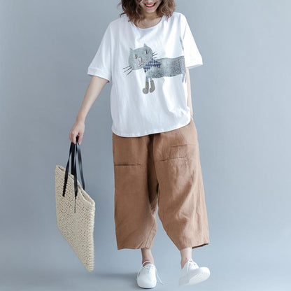 Cotton Short Sleeve Animal Round Neck Blouse