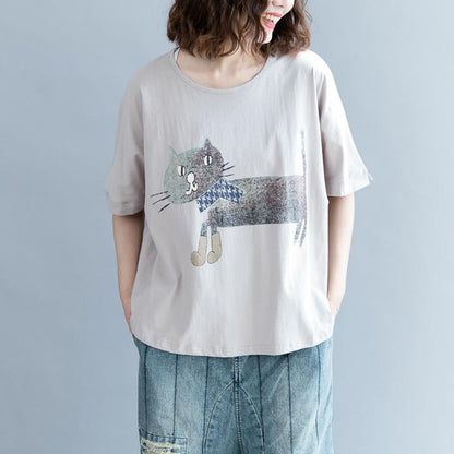 Cotton Short Sleeve Animal Round Neck Blouse