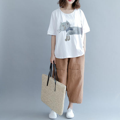 Cotton Short Sleeve Animal Round Neck Blouse