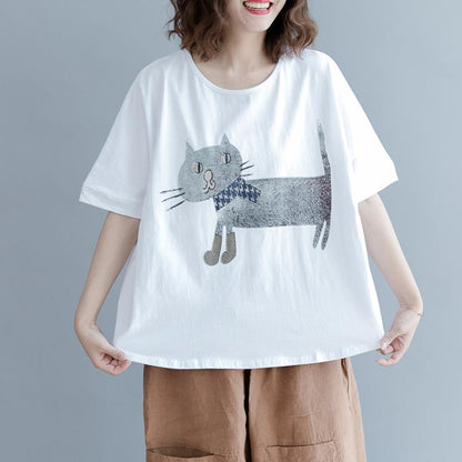 Cotton Short Sleeve Animal Round Neck Blouse