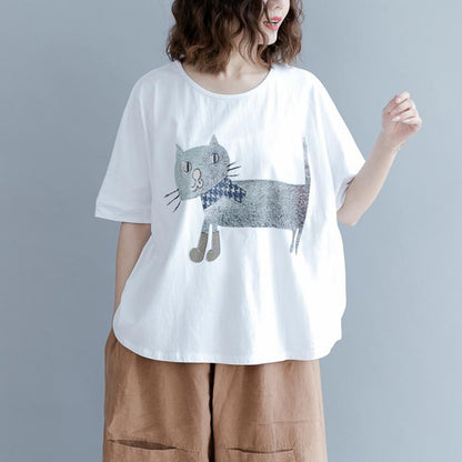 Cotton Short Sleeve Animal Round Neck Blouse