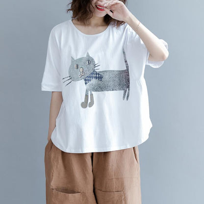 Cotton Short Sleeve Animal Round Neck Blouse
