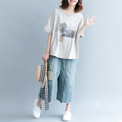 Cotton Short Sleeve Animal Round Neck Blouse