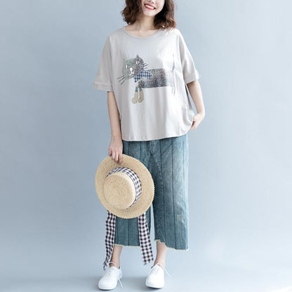 Cotton Short Sleeve Animal Round Neck Blouse