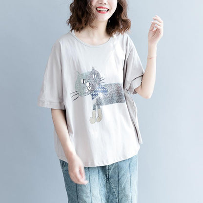 Cotton Short Sleeve Animal Round Neck Blouse