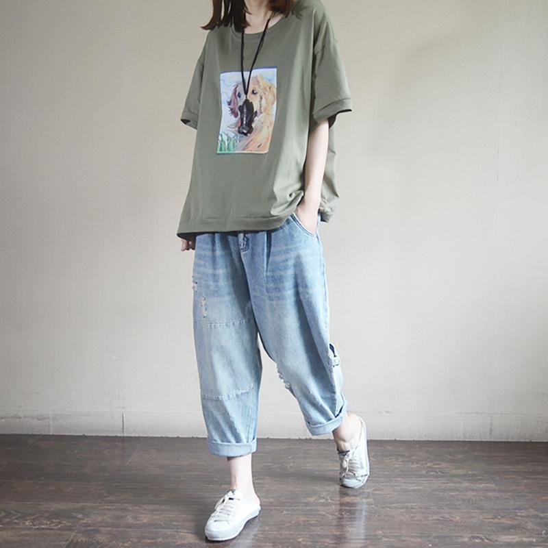 Cotton Short Sleeve Casual Print Blouse