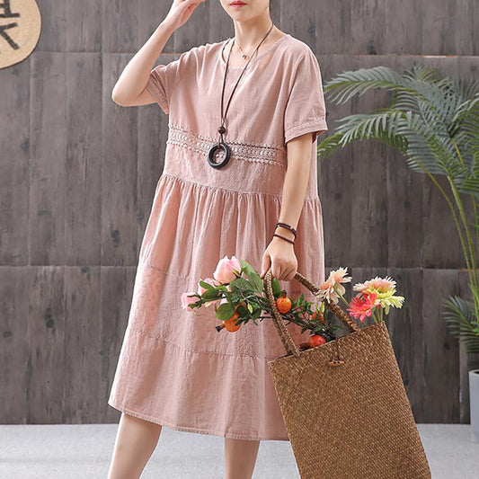 Cotton Solid Short Sleeve A-Line Dress