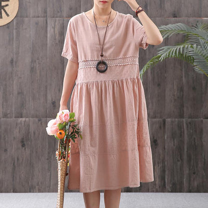 Cotton Solid Short Sleeve A-Line Dress