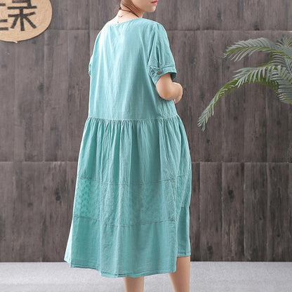 Cotton Solid Short Sleeve A-Line Dress