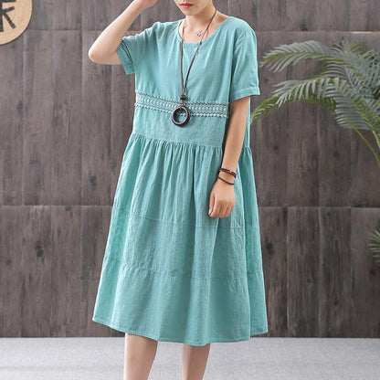 Cotton Solid Short Sleeve A-Line Dress