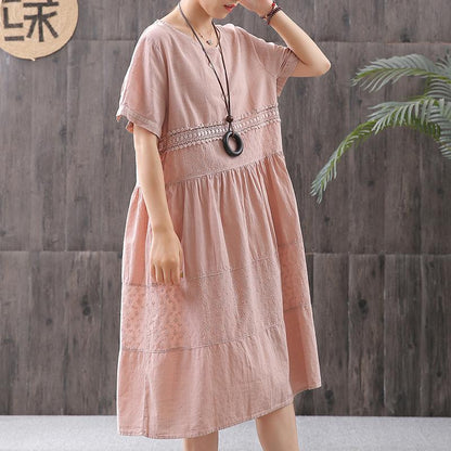 Cotton Solid Short Sleeve A-Line Dress
