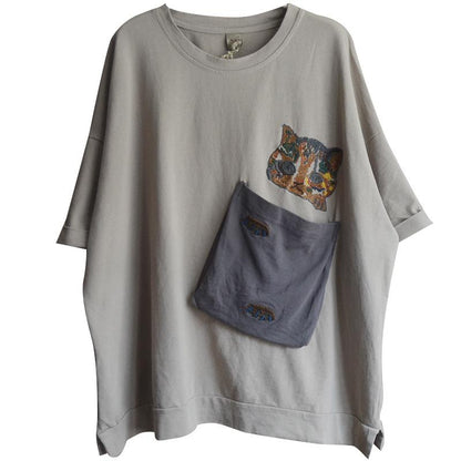 Cotton Spliced Pockets Short Sleeve Blouse