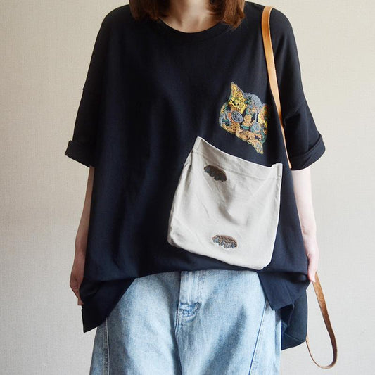 Cotton Spliced Pockets Short Sleeve Blouse