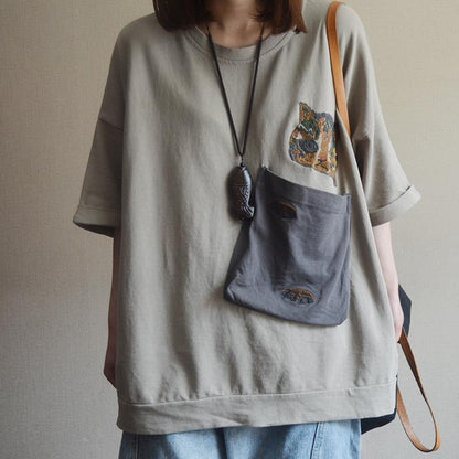 Cotton Spliced Pockets Short Sleeve Blouse