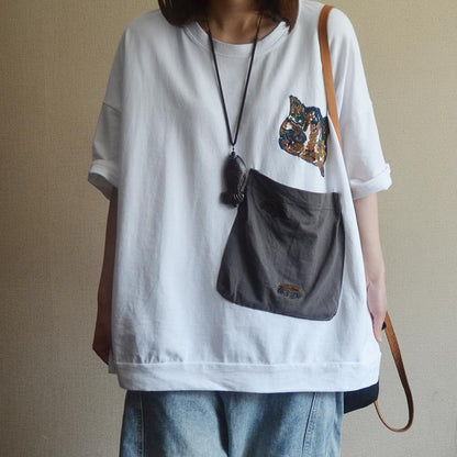 Cotton Spliced Pockets Short Sleeve Blouse