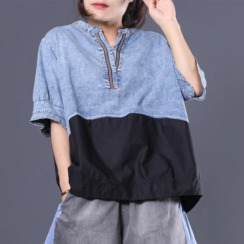 Cotton V-Neck Spliced Pleated Short Sleeve Blouse