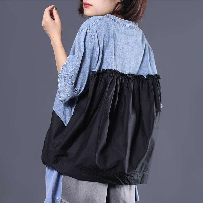 Cotton V-Neck Spliced Pleated Short Sleeve Blouse