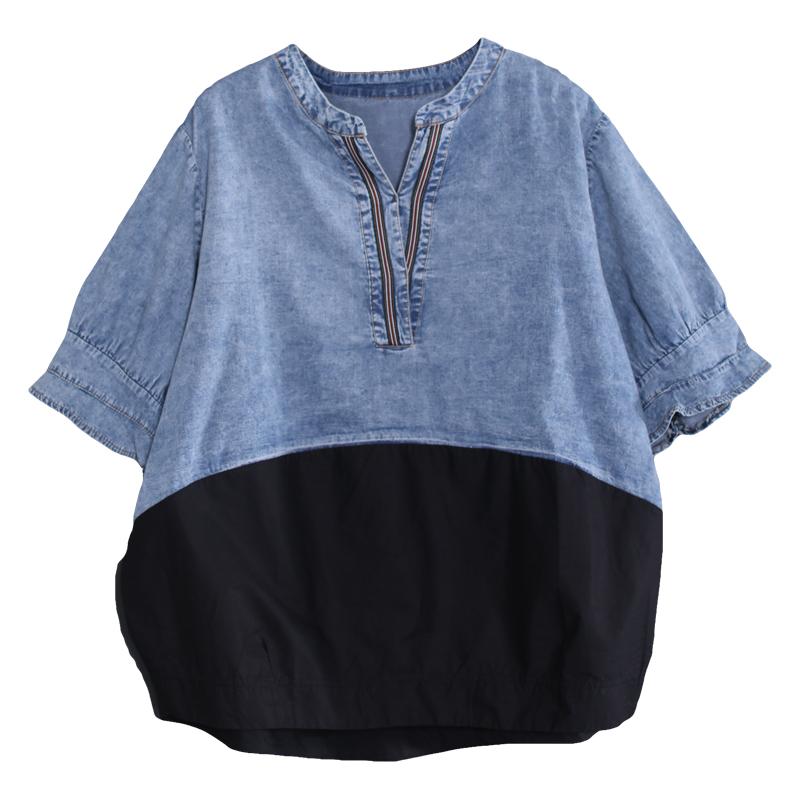 Cotton V-Neck Spliced Pleated Short Sleeve Blouse