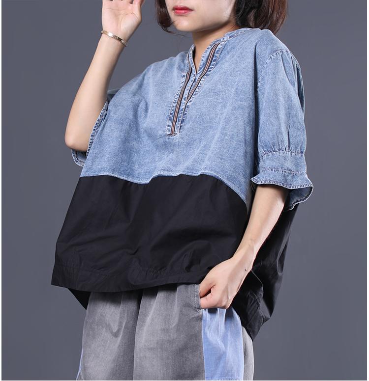 Cotton V-Neck Spliced Pleated Short Sleeve Blouse