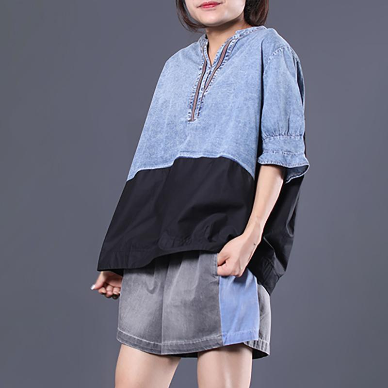Cotton V-Neck Spliced Pleated Short Sleeve Blouse